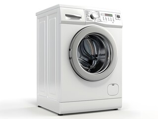 Modern front-loading washing machine with a sleek design in a bright room setting