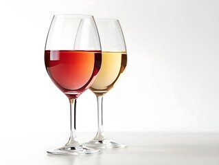 Two elegant wine glasses with red and white wine on a minimalist background