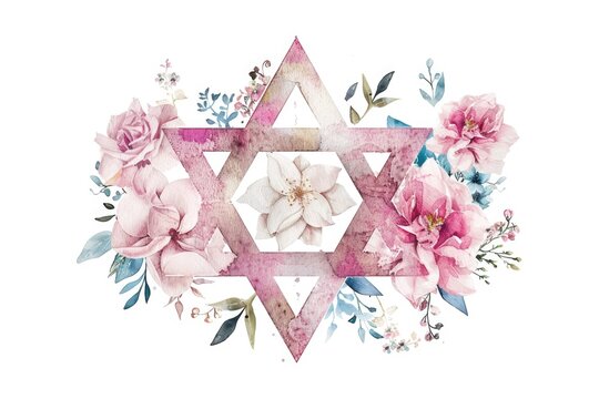Watercolor floral design with a pink Star of David, surrounded by delicate flowers and leaves in soft pastel hues, including roses and peonies. ai