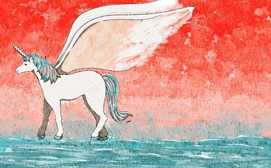 ユニコーン　ファンタジー　夕暮れ　水彩　背景