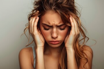 Fototapeta premium Emotional Portrait of a Young Woman Expressing Distress and Frustration