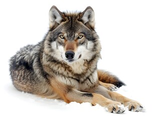 Obraz premium A resting wolf lies in the snow in a forest setting during winter