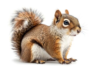A close-up of a small, furry squirrel sitting on a white surface, showcasing its bushy tail and bright eyes