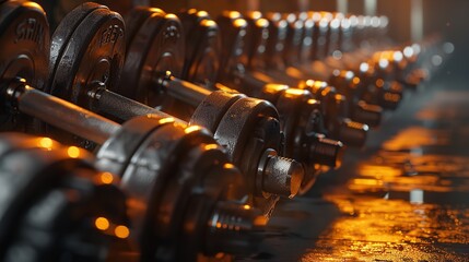 Big dumbbell row on shelf in modern sport gym