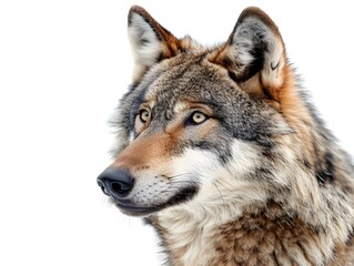 Fototapeta premium A close-up of a wolf’s face showcasing its fur texture and piercing eyes against a white background