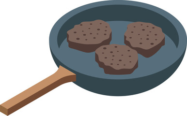 Frying pan cooking three burger patties in isometric view