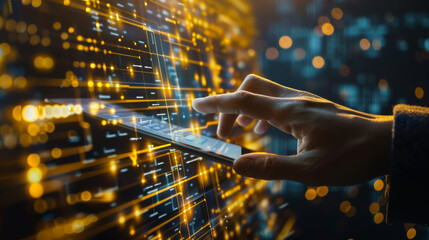 A person is typing on a laptop with a glowing screen. Concept of technology and productivity