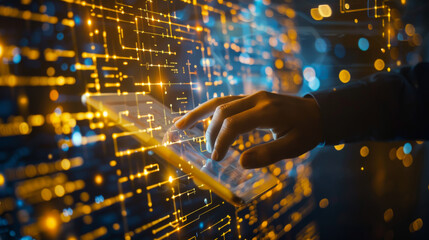 A person is typing on a laptop with a glowing screen. Concept of technology and productivity