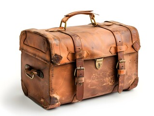 Vintage leather suitcase resting on white background with scuffs and unique character