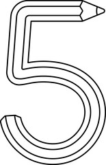 Vector illustration of number shaped like colored pencils, outlined in black for a kids' coloring page. Number five.