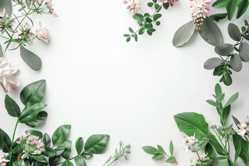 Fototapeta premium Flat lay floral arrangement with pink and green leaves on white background, perfect for wedding and spring themes.