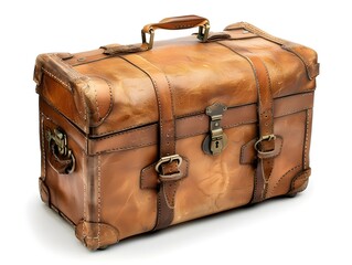 Vintage brown leather suitcase with sturdy metal locks and buckles on a neutral background