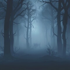 Obraz premium Eerie misty forest with tall trees and a mysterious atmosphere, perfect for horror and fantasy themes.