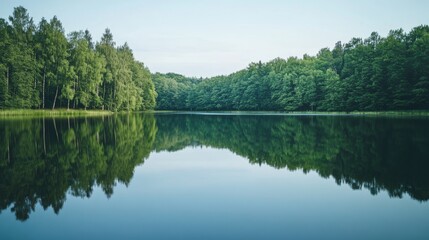 Obraz premium Symmetrical reflections of trees in a serene lake, capturing a peaceful and balanced natural scene.