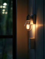 Eine an der Wand hängende Glühbirne mit einem elektrischen Schalter davor