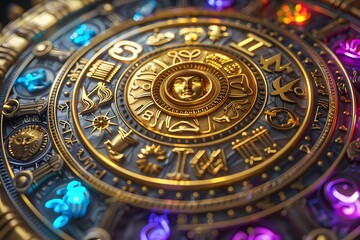 Intricate Zodiac Wheel with Colorful Illuminations and Astrological Symbols