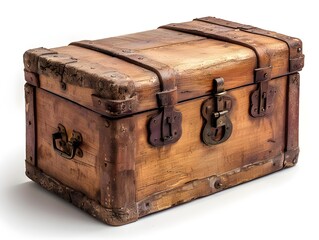 Antique wooden trunk with metal accents on a plain background