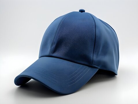 A blue baseball cap resting on a flat surface with a plain background