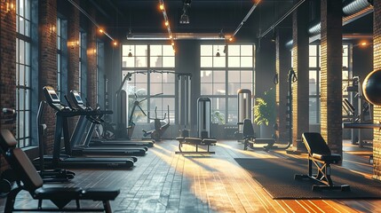 A modern fitness center interior equipped with high-tech workout machines with orange light