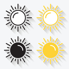 Shadow Sun icon set. Shine sun ray set. Sunset icon collection. Yellow sun star icons. Hot solar energy for tan.