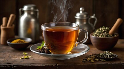 Aromatic Herbal Tea Steeping in Elegant Glass Cup with Spices