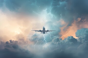 A lone airplane soaring through turbulent storm clouds illuminated by lightning.