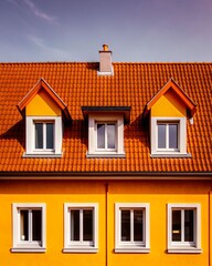 Obraz premium A yellow house with a red roof and white trim