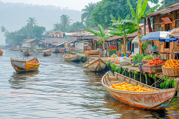 Wooden boats docked on canal selling fresh produce at ganvie market in benin