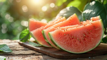 Close up shot of fresh watermelon slices on a wooden table with green leaves.