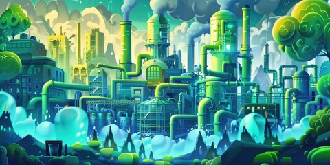 A futuristic city with green pipes and buildings.