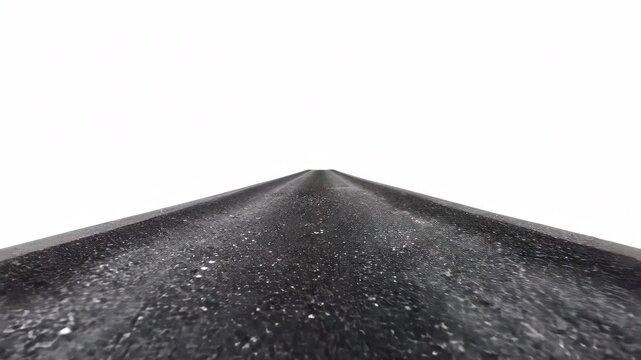 A road with a sharp pointy end. The road is empty and the sky is white