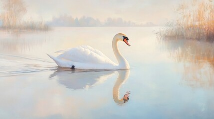 Fototapeta premium Graceful Swan Gliding on Tranquil Lake - Stunning Nature Photography