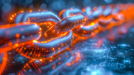 Blockchain technology concept featuring glowing chain links with binary code