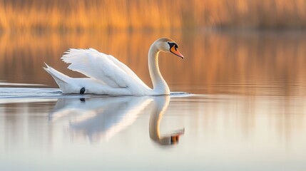 Fototapeta premium Graceful Swan Gliding on Tranquil Water - Stunning Nature Photography