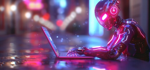 A futuristic robot with glowing pink and blue lights is using a laptop.  The robot is sitting at a desk in a dark room with neon lights in the background.