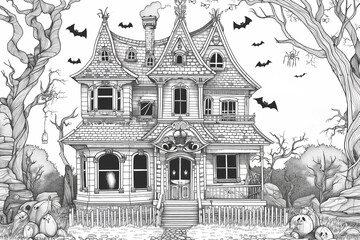 Obraz premium Intricate black and white illustration of a creepy haunted house surrounded by bats for halloween