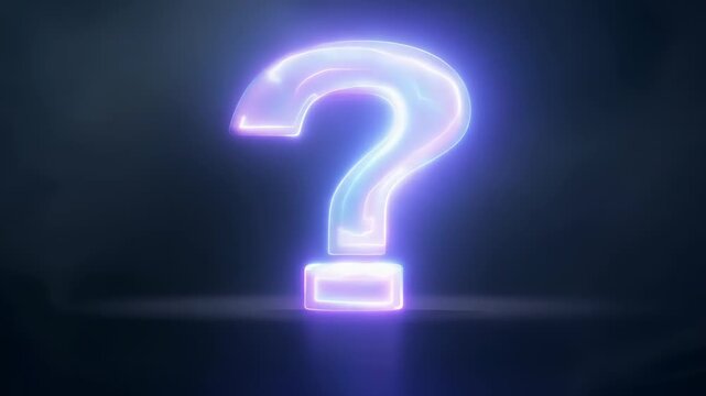 Glowing neon question mark on a dark background, a symbol of riddle and suspense.