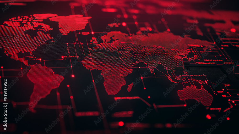 Wall mural sleek world map on a dark background with red mesh lines and dots, indicating global cybersecurity t