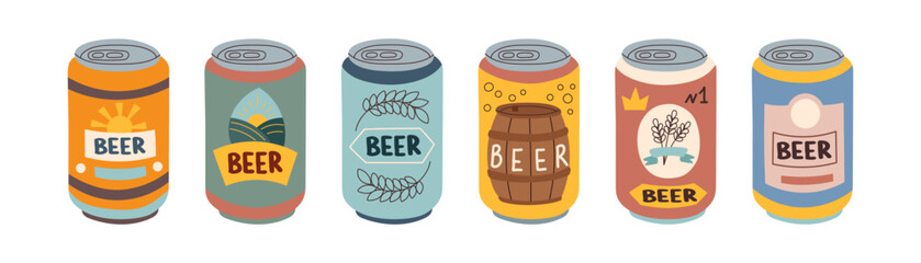 Set of beer cans isolated on white background. Oktoberfest concept. Beer festival concept. Drinks concept.