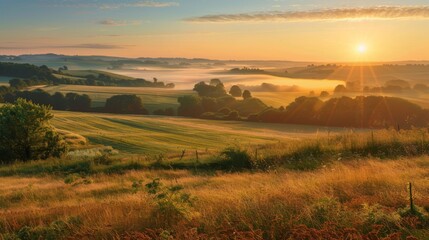 Fototapeta premium A vibrant sunrise over a rural landscape, with fields and meadows bathed in the soft morning light