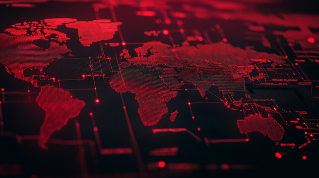 Sleek world map on a dark background with red mesh lines and dots, indicating global cybersecurity threats , Photography