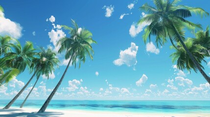 A vibrant tropical beach background with palm trees swaying in the breeze under a clear blue sky