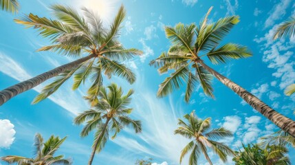 Fototapeta premium A vibrant tropical beach background with palm trees swaying in the breeze under a clear blue sky