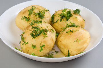 Boiled young potatoes with dill on dish close-up