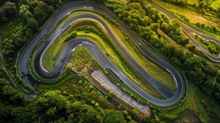 Aerial view of a deserted racetrack with clear, defined curves and straightaways, surrounded by lush greenery on a sunny day