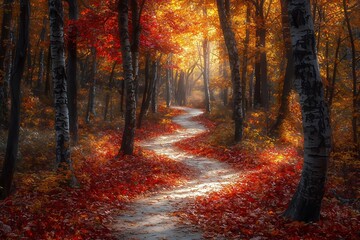 Naklejka premium Vibrant Autumn Walk: Sunlit Pathway Through Colorful Falling Leaves and Golden Forests