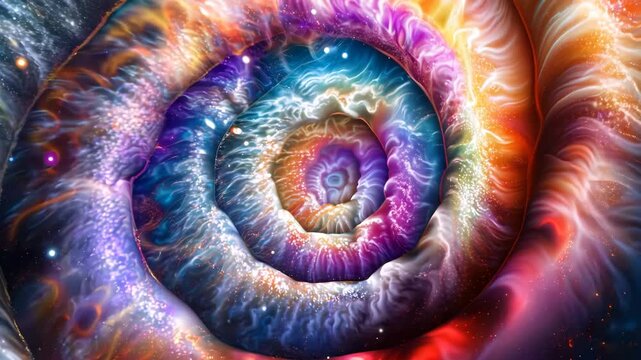 A spiral of colors with a purple and blue center and a yellow and orange outer edge. The spiral is very colorful and has a lot of detail