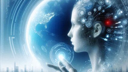 Digital mind power x-ray: blue fractal energy illuminates human skull, merging water and sky concepts