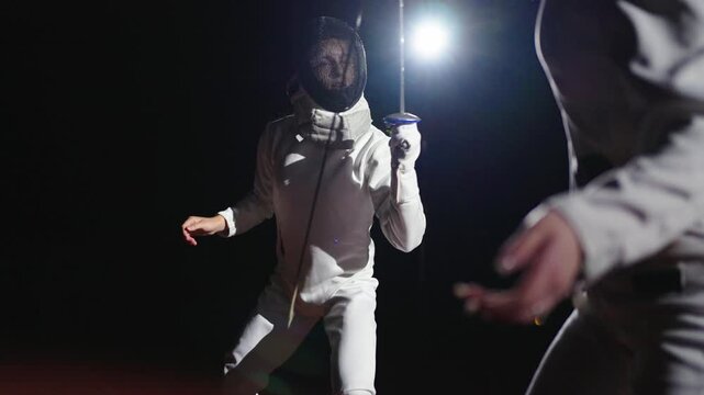 Fencing Sports, Junior Sportswomen Training, Portrait Of Female Rapier Player In Slow Motion