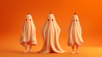 three ghosts on orange background